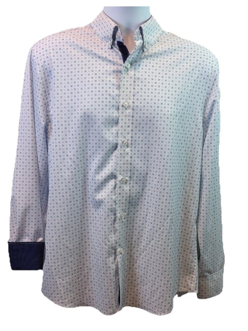 Michael Strahan Mens Shirt Slim Fit White Blue Print Contrast Cuffs Trim Sz M